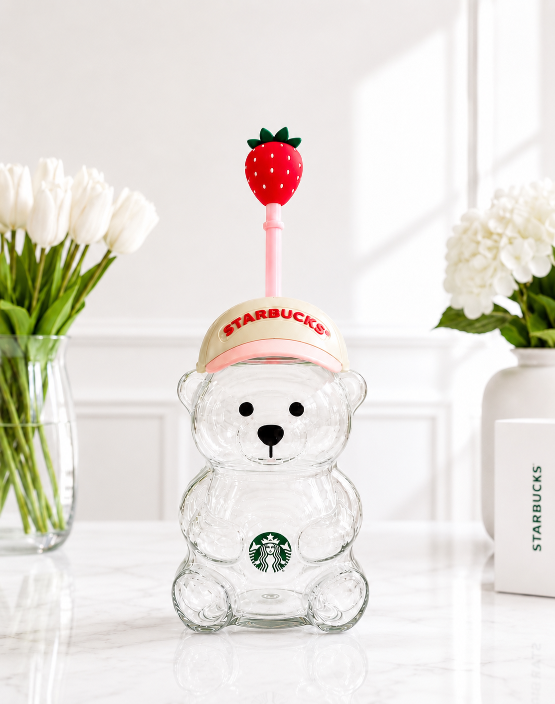 Clear Bear Tumbler with Strawberry Straw