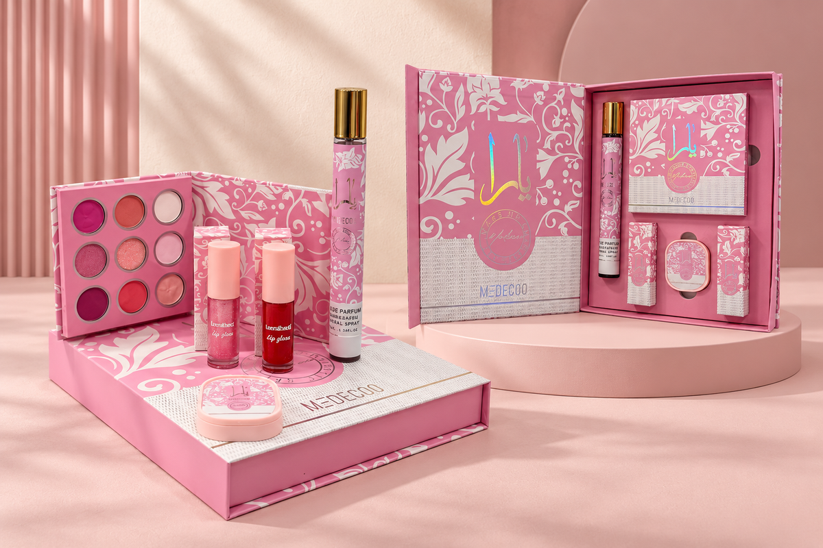 Set 2 Lip Glos, bálsamo, Perfume & Paleta pequeña