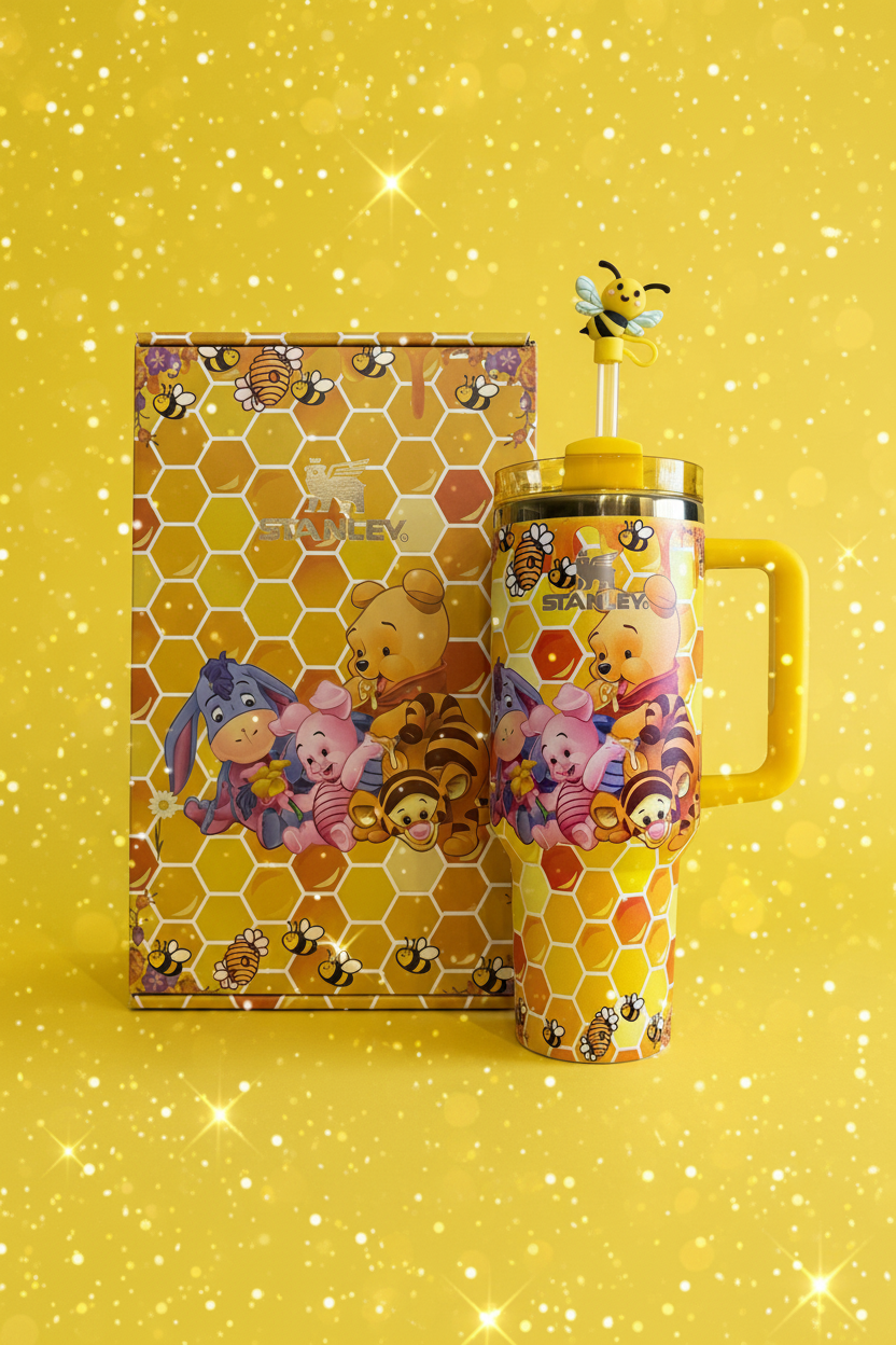 Stanley tumbler fondo amarillo con brillos
